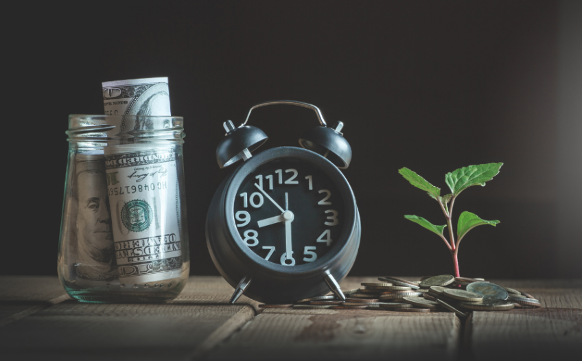 Money jar, alarm clock, and money growing. Planned Giving as a development strategy