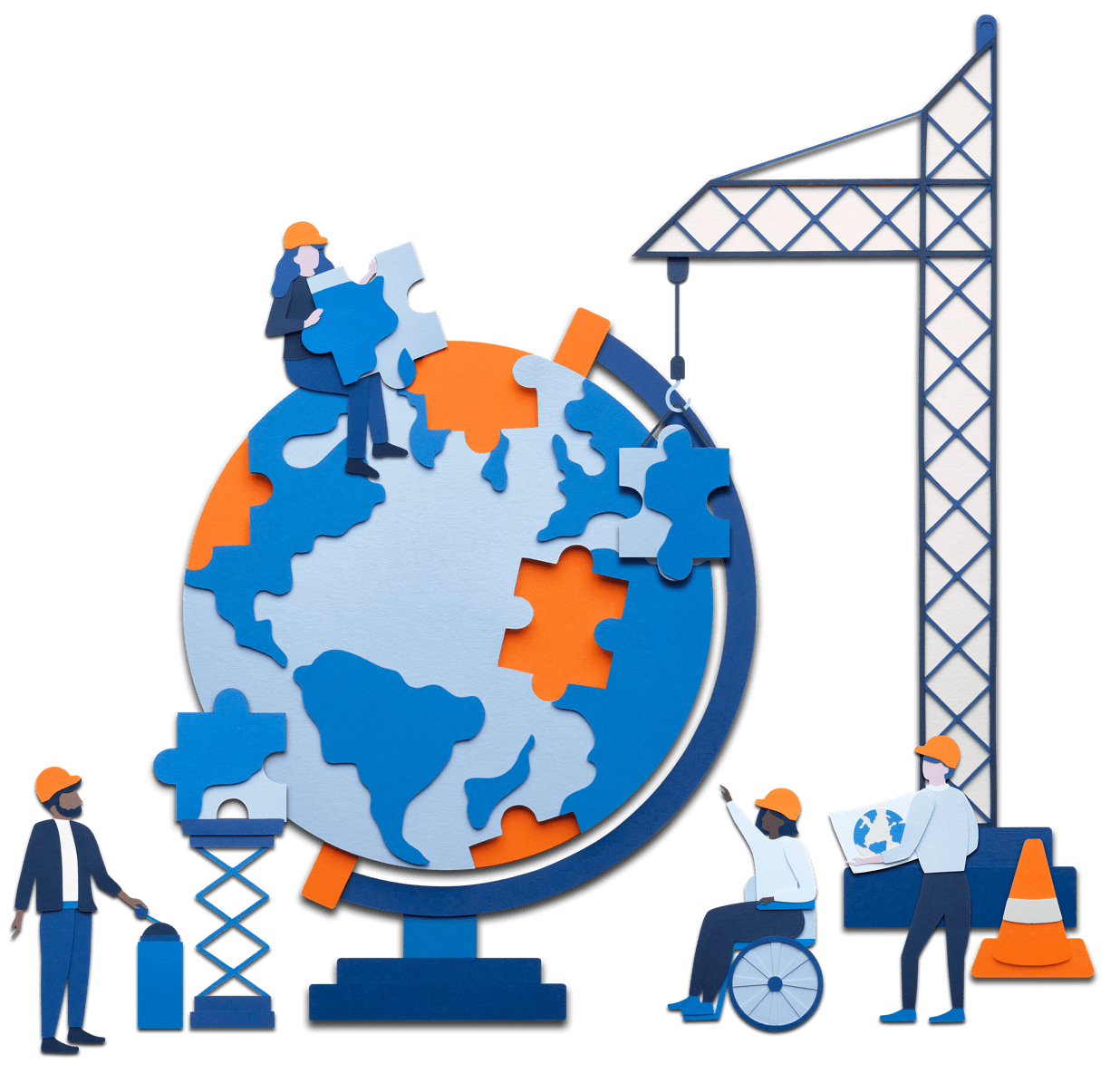 Drawing of a team building a 3D puzzle of the globe