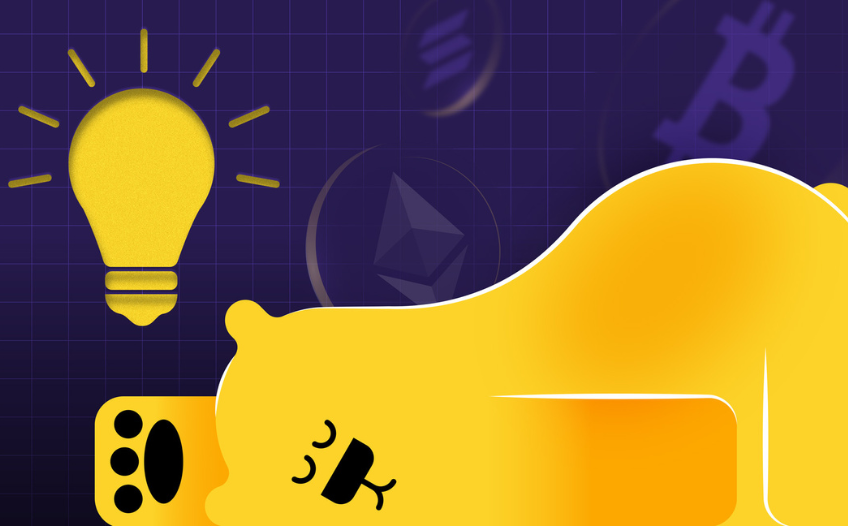 Cartoon bear sleeping with lightbulb above his head and images of crypto currency
