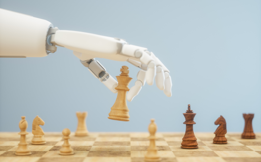 AI robot hand making a strategic move in chess
